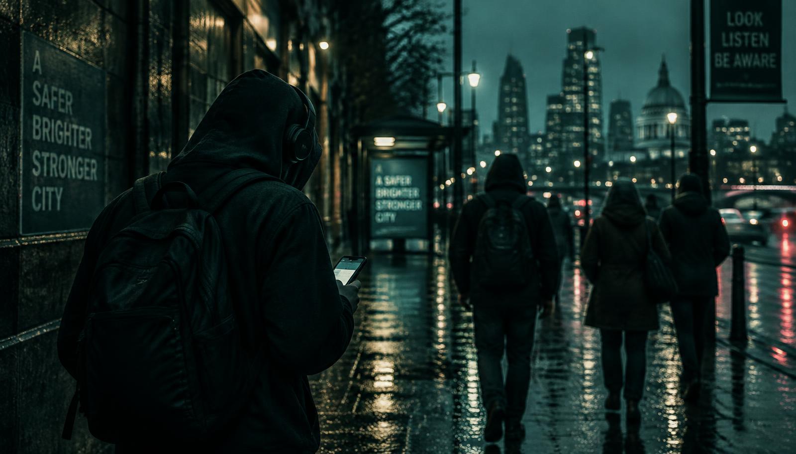 Mensen met capuchon en koptelefoon lopen afgeleid over straat in de avond